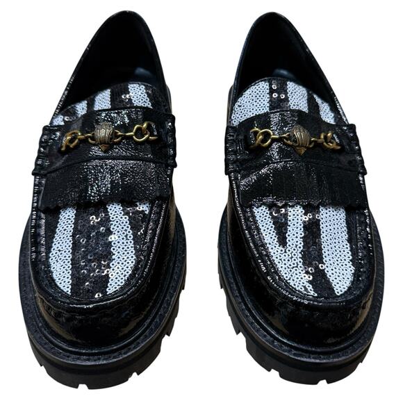 New Kurt Geiger London Women's Black Patent Leather Sequin Zebra Print Loafers - Picture 2 of 10